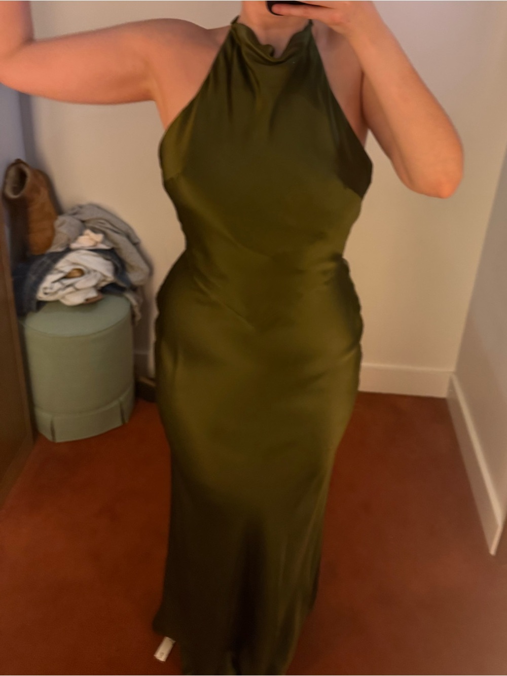 Reformation - Elegant Olive Green Backless Satin Halter Dress (US 8) [NWT] - Picture 6 of 6